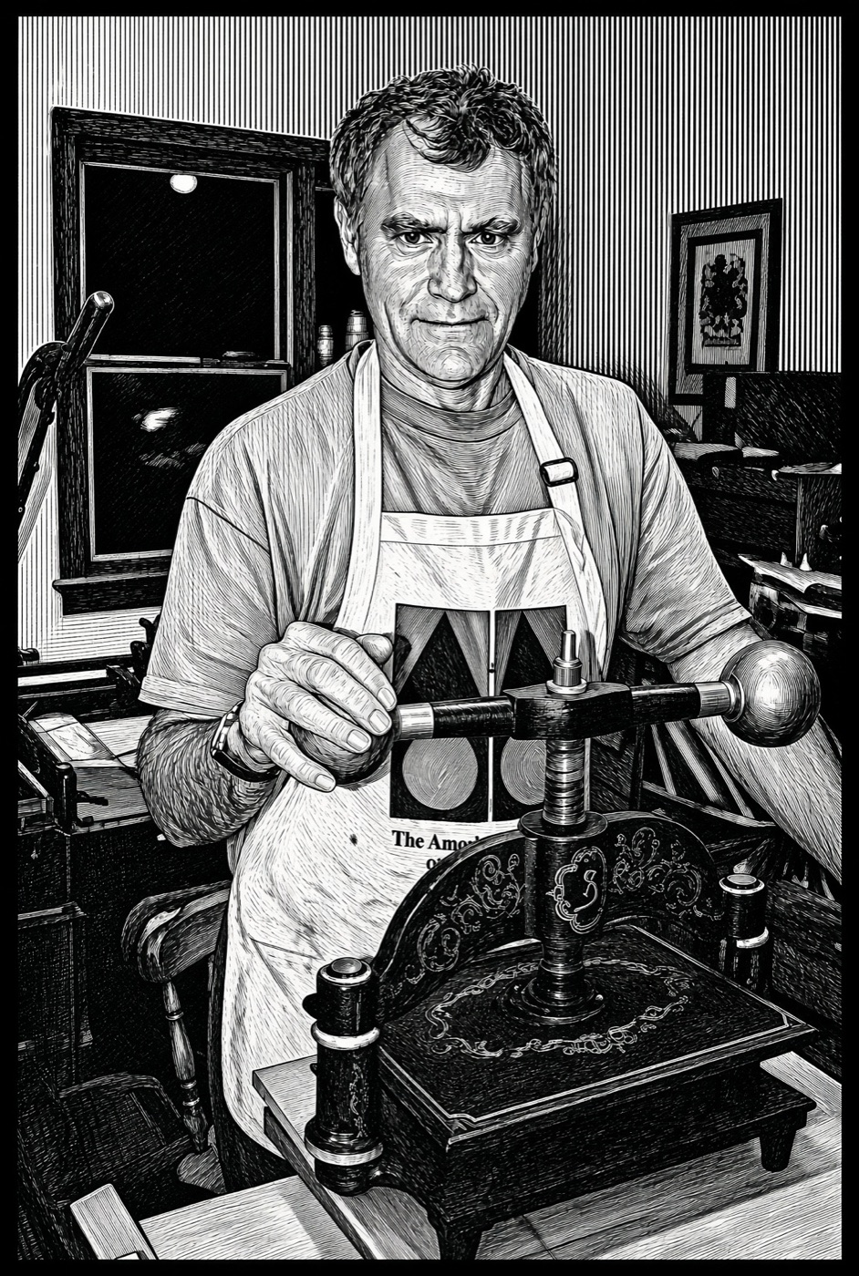 An engraving-style portrait of Daniel St. John at an antique book press